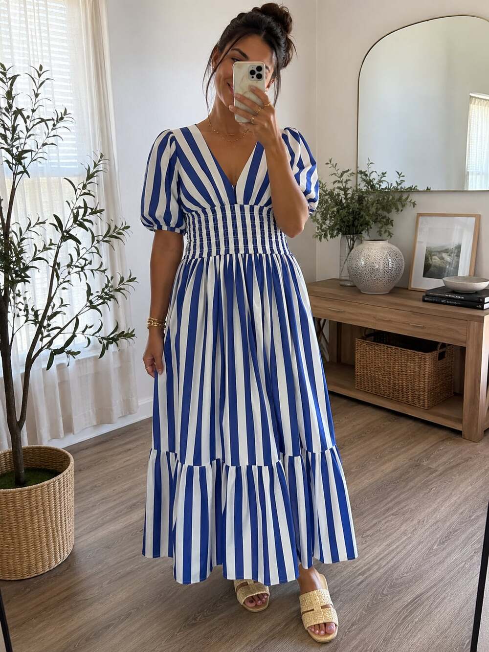 AYR The Extra Extra Puff Sleeve Blue Striped Midi Dress